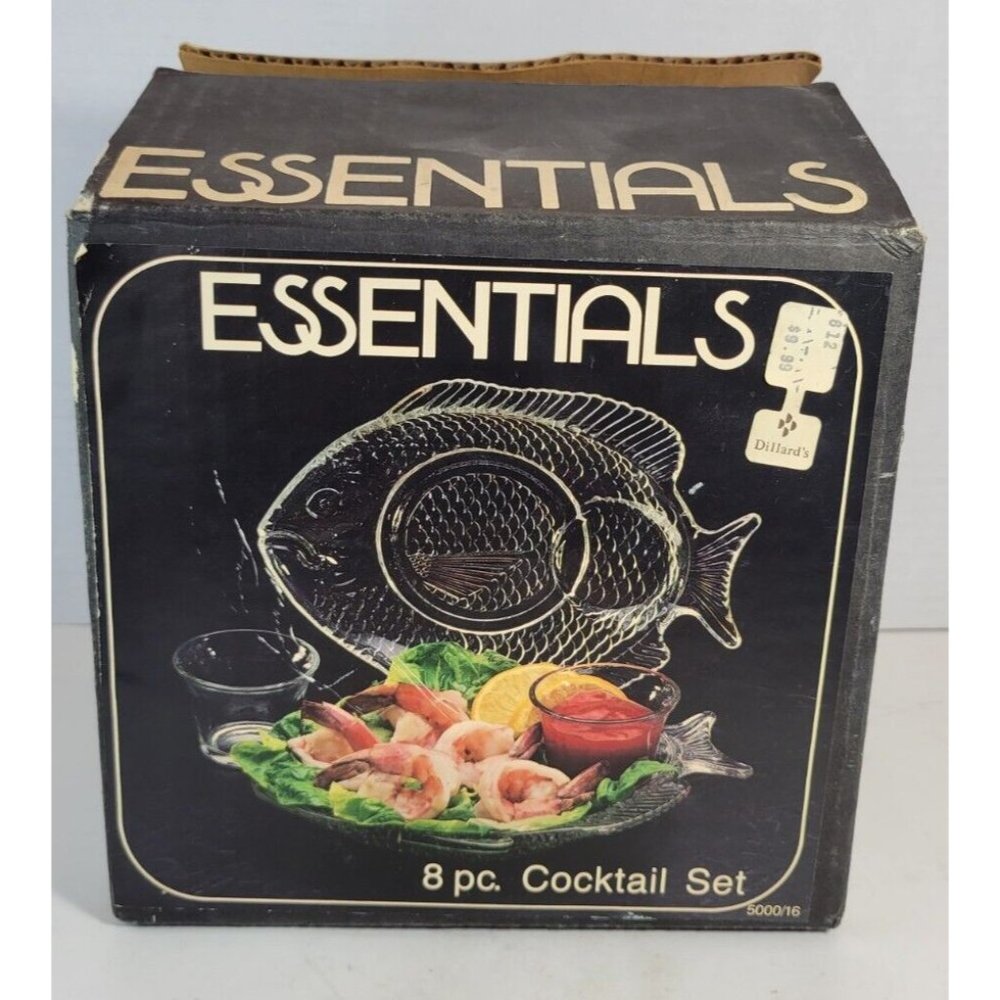 Vtg Essentials 8 Pc Glass Seafood Cocktail Set Oyster Butter Cup & Fish Plate